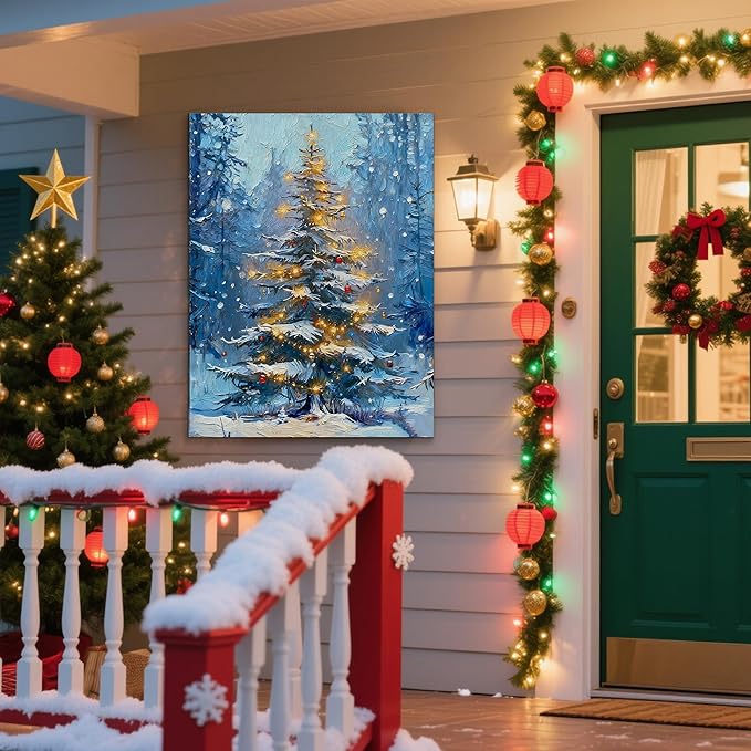 Framed Christmas Pictures Wall Decor,Vintage Pine Tree Prints,Winter Christmas Canvas Wall Art Decoration for Bedroom Bathroom Living Room Rustic Xmas Holiday Gifts (Christmas Tree 1, 11'' X 14'')