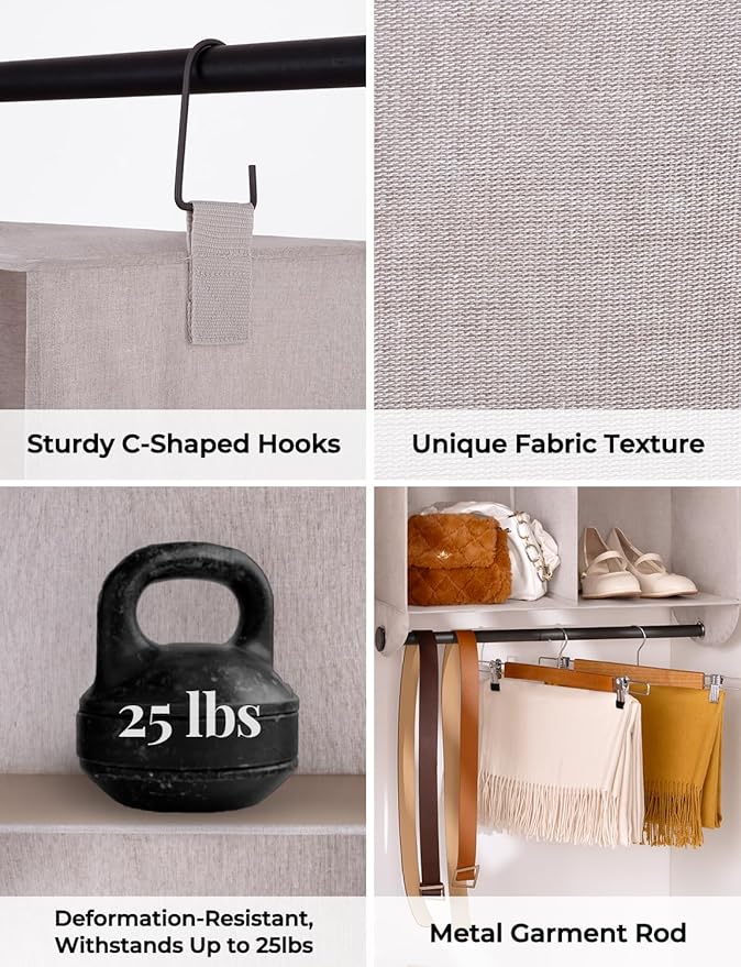 StorageWorks Hanging Closet Organizer with Metal Rod, 6-Section Closet Organizers and Storage, Collapsible Hanging Shelves for Wardrobe Organizer, Nursery, Bedroom, Light Khaki