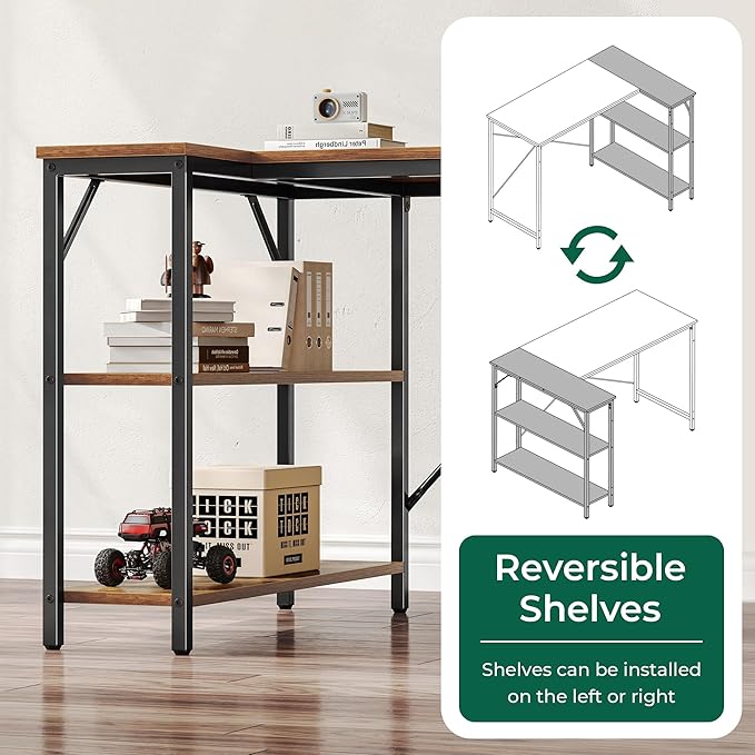 Huuger L Shaped Desk, 63 Inches Computer Desk with Reversible Storage Shelves, for Gaming Corner Home Office Writing Study, Metal Frame, Rustic Brown