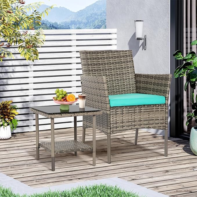 FDW 3 Piece Outdoor Furniture Set Patio Gray Wicker Chairs Furniture Bistro Conversation Set 2 Rattan Chairs with Blue Cushions and Glass Coffee Table for Porch Lawn Garden Balcony Backyard