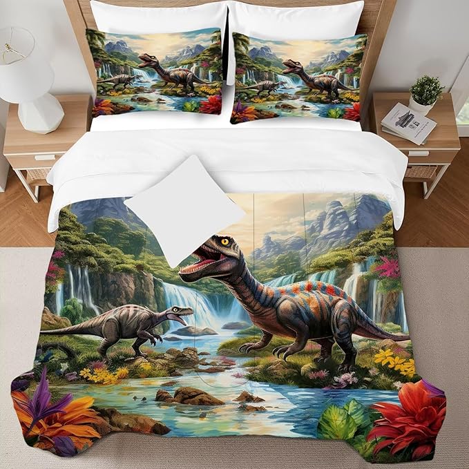 King Size Kids Dinosaur Bedding Set - 3 Piece Microfiber Dinosaur Comforter Set for Boys & Home Decor