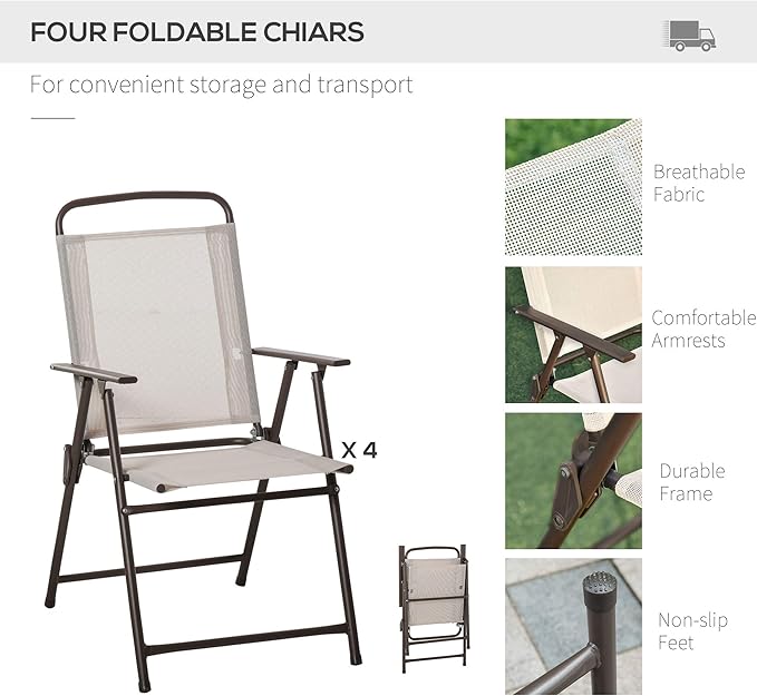 Outsunny 6 Piece Patio Dining Set for 4 with Umbrella, Outdoor Table and Chairs with 4 Folding Dining Chairs & Round Glass Table for Garden, Backyard and Poolside, Beige