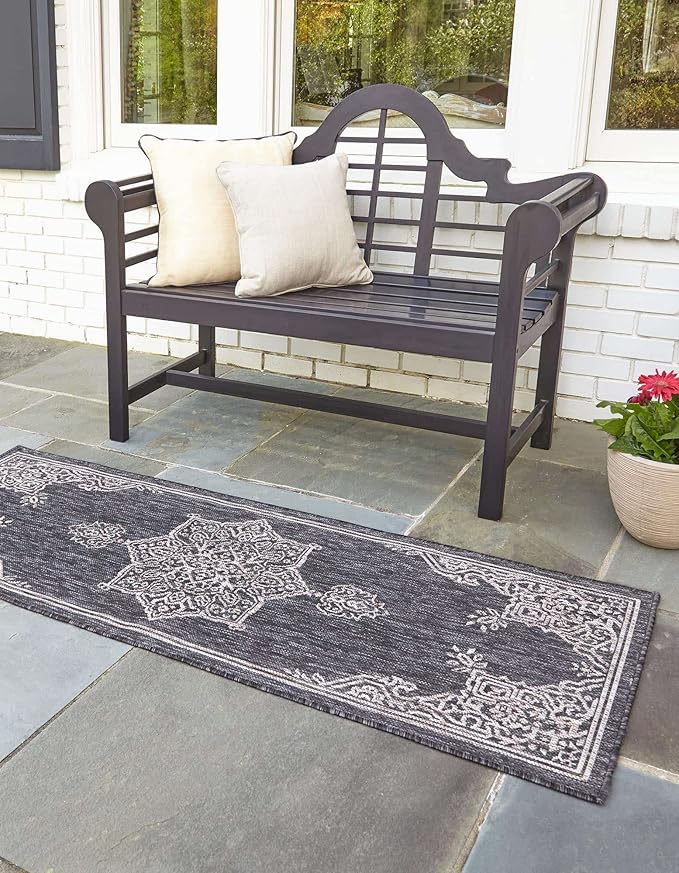 Unique Loom Outdoor Traditional Collection Area Rug - Antique (2' x 8' Runner Charcoal Gray/Natural)