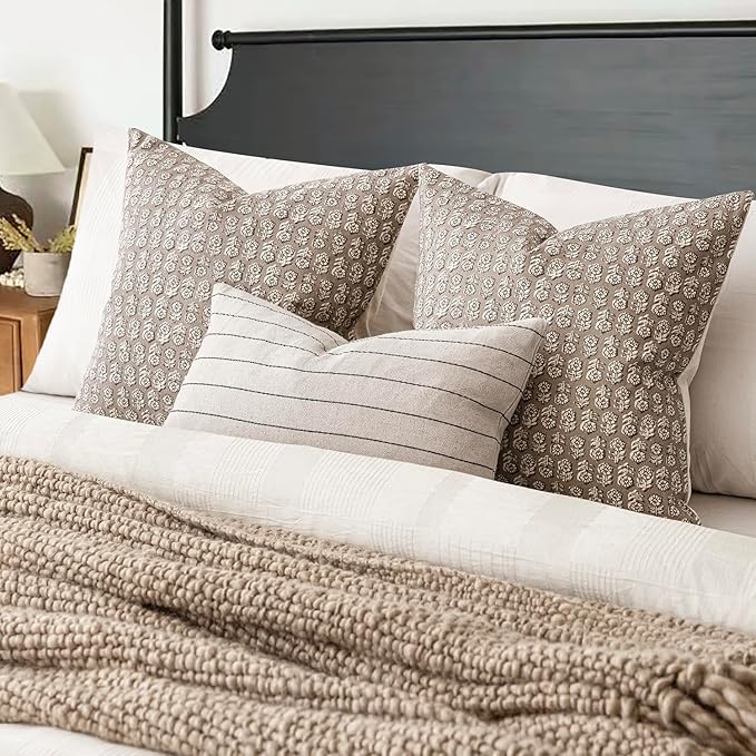 Foindtower Set of 2 Decorative Vintage Floral Print Throw Pillow Covers Neutral Modern Farmhouse Cushion Covers Boho Home Decor for Sofa Couch Chair Bedroom Living Room Outdoor,24×24 Inch,Tan Taupe