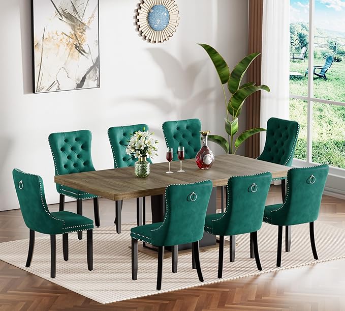Goujxcy 78.7" Farmhouse Extendable Dining Room Table Set for 8, 9-Piece Rectangle Kitchen Dining Room Table Set with Wood Base and 8 Green Velvet Dining Chairs, Extending Kitchen & Dining Table Set