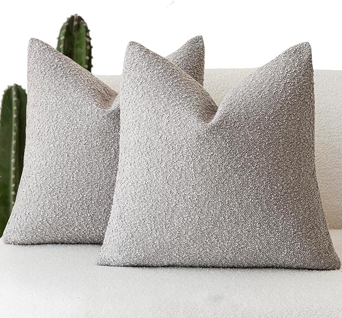 Foindtower Set of 2, Decorative Textured Boucle Throw Pillow Covers Accent Solid Pillow Cases Soft Cozy Couch Cushion Case for Chair Sofa Bedroom Living Room Home Decor 16 x 16 Inch Neutral Grey