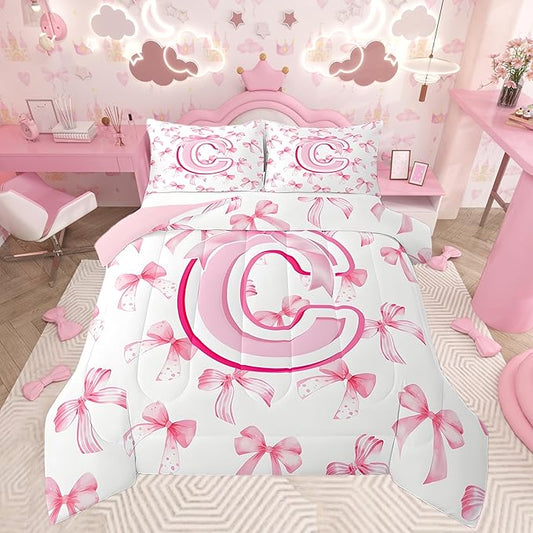 jejeloiu Kids Girls Cute Pink Bow Comforter Set Full Size Coquette Bow Knot Bedding Set Ultra Soft Personalized Initial C Duvet Quilt Monogrammed Quilt Set Room Decor Modern Fashion Comforter