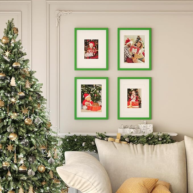 KINLINK 11x14 Picture Frame Grass Green, Solid Wood Frames with Acrylic Plexiglass for Pictures 5x7/8x10 with Mat or 11x14 without Mat, Tabletop and Wall Mounting Display, 4 Pack