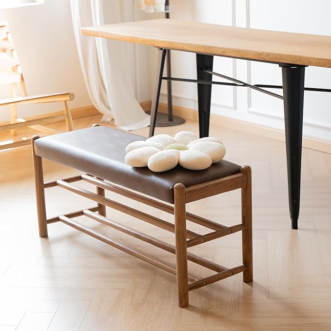 Solid Wood Entryway Bench with Shoe Storage, Rustic Oak Wood and PU Leather 39.4 Inch Long Seating for Living and Dining Rooms, 3-Tier Brown