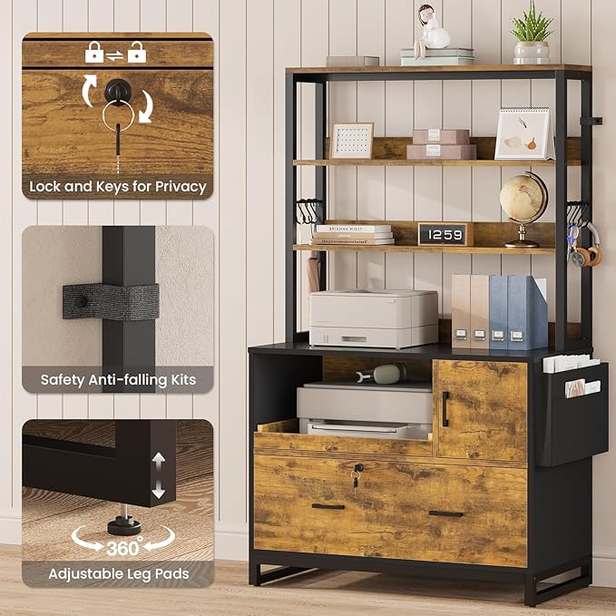 SEDETA File Cabinet with Lock and Sliding Open Storage Shelf, Filing Cabinet Fits Legal/Letter/A4 Size, File Cabinets for Home Office with Adjustable Storage Shelf and Hook, Rustic Brown