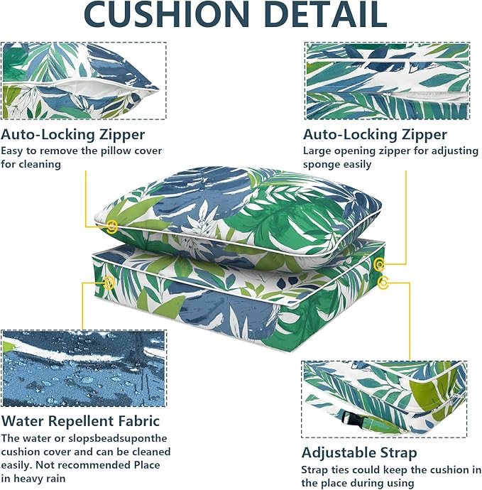 Outdoor Deep Seat Cushions Set 24 x 24 Inch for Patio Furniture,Water Resistant Chair Cushions Replacement Includes Seat Cushion & Back Pillow for Couch, Wicker Chair - Islamorada Blue Green