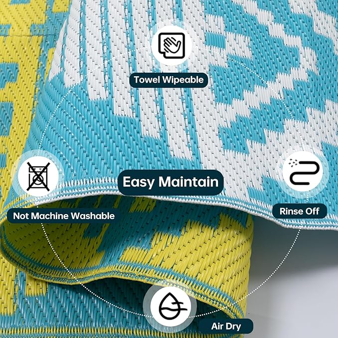 Beeiva Outdoor Rugs 8x10 Waterproof, Modern Geometric Reversible Plastic Straw Patio Mat, Large Foldable Outside Rug for Camping, Porch, Deck, Backyard, Balcony, Picnic - Blue & Yellow
