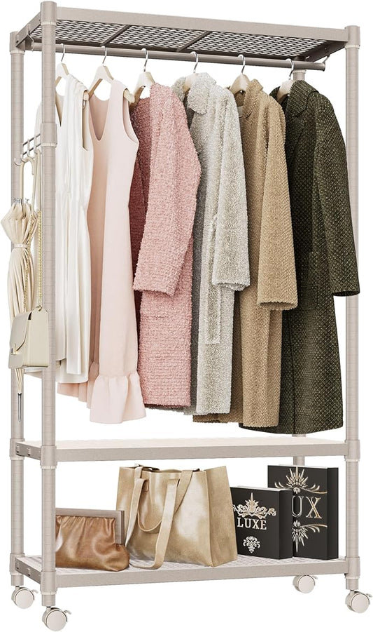 IZEUK Heavy Duty Clothing Rack with Wheels, Rolling Closet Organizer and Garment Rack for Hanging Clothes with 1 Hang Rods & Side Hooks, Metal Wardrobe, 17.7" D x 33.5" W x 70.3" H, Gold