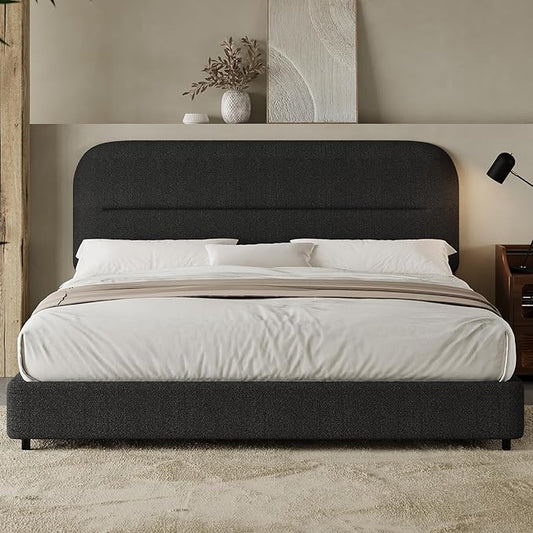 HOMBCK Bed Frame Queen Size, Boucle Upholstered Platform Queen Bed Frame with Headboard, Soft Headboard with Rounded Corners Design, Wood Slats, No Box Spring Required, Easy Assembly, Black