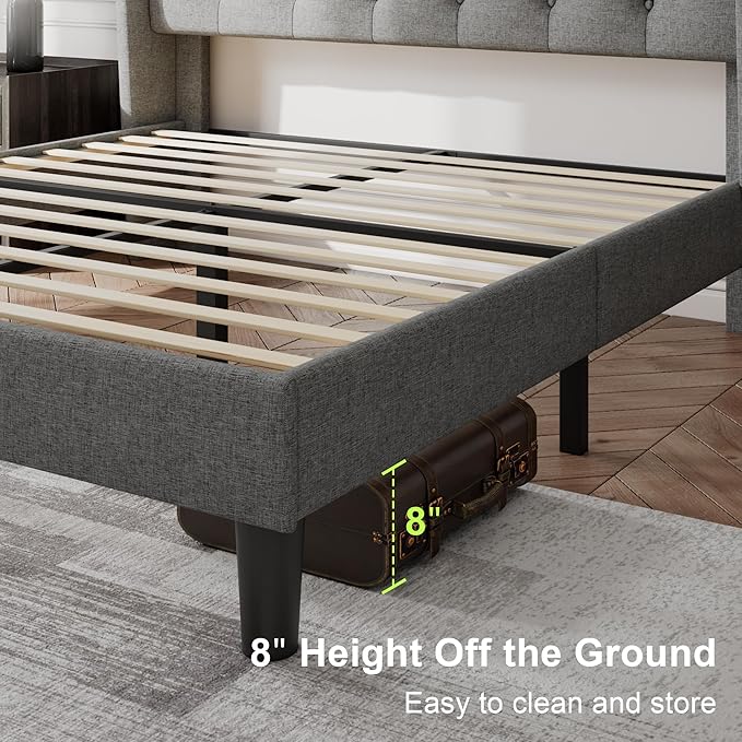 Feonase Queen Bed Frame with Upholstered Wingback Headboard, Platform Bed and Heavy Duty Wooden Slats Support, Easy Assembly, Noise-Free, No Box Spring Needed, Light Gray