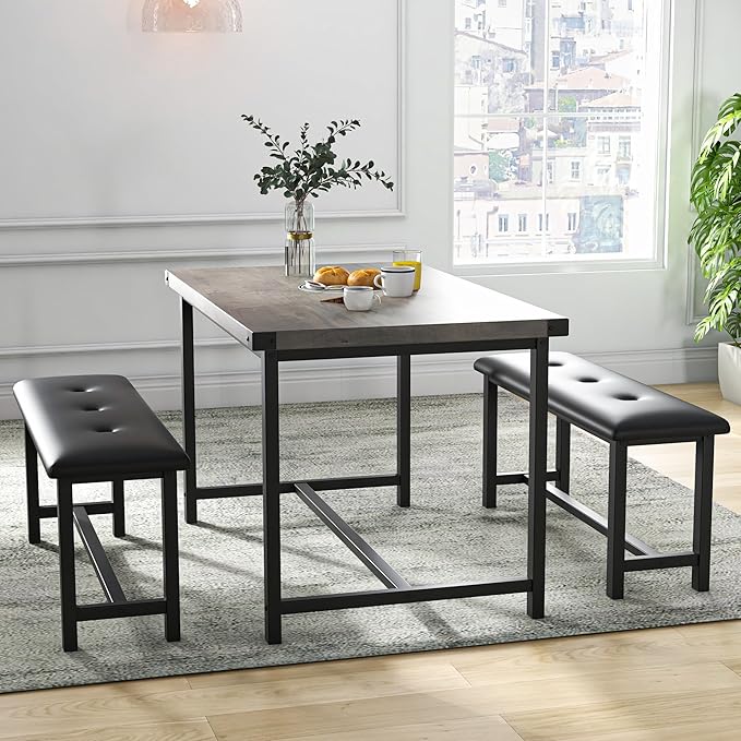 Dining Table Set for 4, Dining Room Table Set with 2 Upholstered Benches, Small Kitchen Table Set, 3 Piece Farmhouse Rectangular Dining Room Table Set, Space Saving Dining Table for Apartment