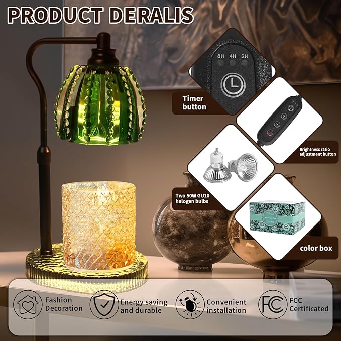 Candle Warmer Lamp with Timer: Adjustable Height and 4 Dimmer, Crystal Glass Base, Heater Wax Warmer for Jar Scented, Home Décor and Housewarming & Birthday Gift for Mom Woman, 2 Bulbs（Jade Green）