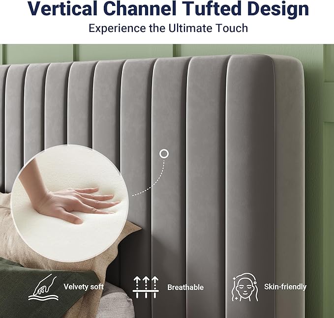 Allewie Twin Bed Frame, Velvet Upholstered Platform Bed with Adjustable Vertical Channel Tufted Headboard, Mattress Foundation with Strong Wooden Slats, Box Spring Optional, Easy Assembly, Grey