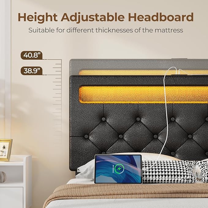 Rolanstar LED Bed Frame Queen Size, Queen Bed with 4 Storage Drawers and Charging Station,1 USB Port & 2 Type C Port, Adjustable Upholstered Headboard 38.9/40.8 Inches, No Box Spring Needed, Black