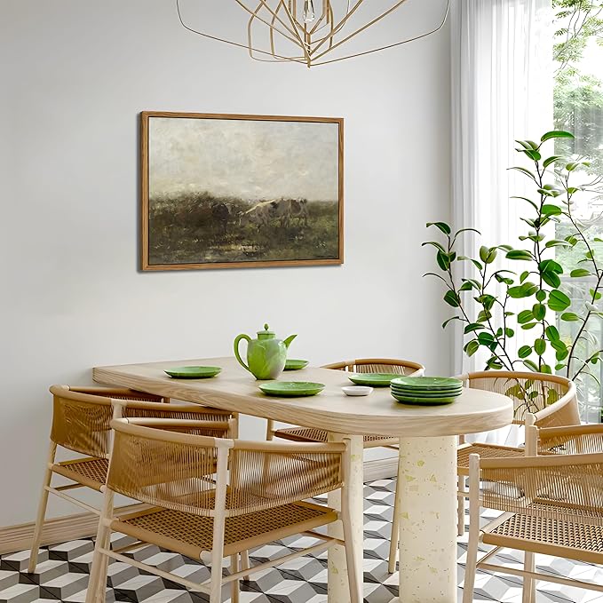 Floating Framed Landscape Canvas Wall Art, French Vintage Natural Country Cows Pictures Wall Decor Artwork, Farmhouse Oil Paintings Prints for Living Room Bedroom Home Decoration 12x16 inch