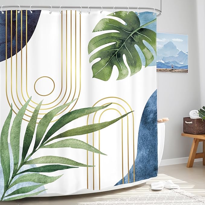 Glawry Extra Long Blue Green Shower Curtain Boho Mid Century Abstract Tropical Palm Leaf Modern Minimalist Plant Bathroom Geometric 72Wx84L Inches Bath Accessories Art Home Decor Fabric 12 Pack Hooks