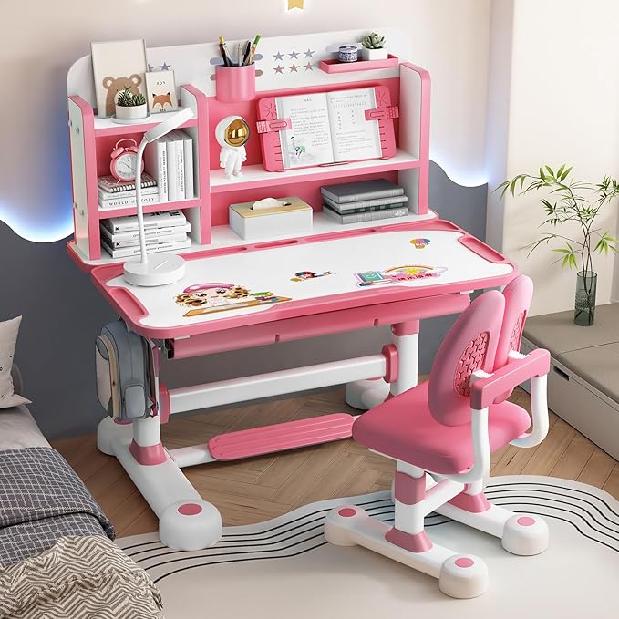 Kids Functional Desk and Chair Set, Study Desk for Children with Chair, Kids Desk and Chair Set,Height Adjustable Children School Study Desk with Storage Drawer for Boys Girls (Pink C)