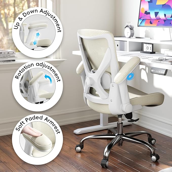 Home Office Ergonomic Chair-Computer PU Leather X-Shaped Desk Chair-Gaming Chair with Adjustable Flip-up Armrests Lumbar Support Mesh Executive Chair for Long Hours Office (Beige)