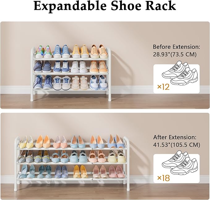 Shoe Rack for Closet, 3 Tier Shoe Organizer, 28“ Metal Shelf Can Expandable to 42“, for Closet, Entryway, Bedroom, Garage, Adjustable to 18 Pairs Shoes, White
