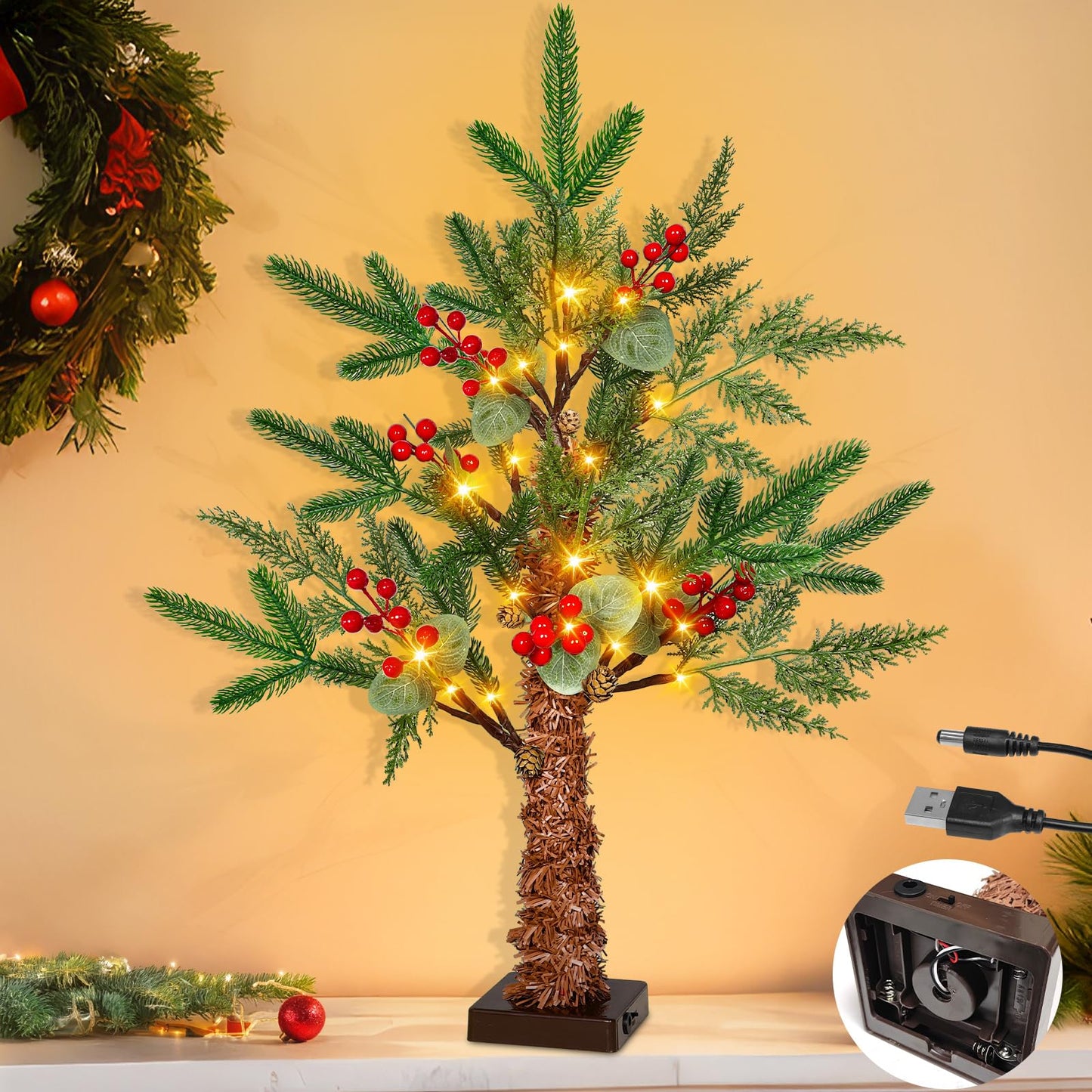 24" /2FT Tabletop Christmas Tree with Lights Timer, USB or Battery Powered, Prelit Small Christmas Trees with Realistic Norfolk Pine &Cypress Tips 24LED Berries Pinecones Xmas Indoor Home Table Desk
