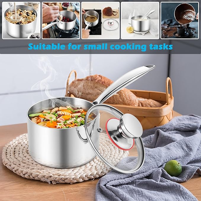 E-far 2-Quart Saucepan, Tri-Ply Stainless Steel Sauce Pan with Glass Lid, Small Cooking Induction Pot Compatible with All Cooktops, Non Toxic, Oven & Dishwasher Safe