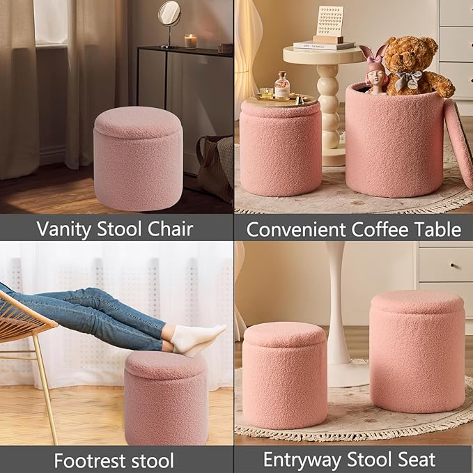 Round Ottoman with Storage Set of 2-Upholstered Sherpa Vanity Stool for MakeupMultifunctional Ottomans Coffee Table Padded Seat Foot Rest for LivingRoom&Bedroom(Sherpa Pink)