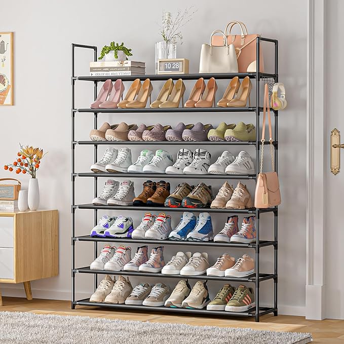 8 Tier Shoe Organizer, 33.3in Wide x 11.2in Deep x 55.7in Tall, Black Metal and Plastic Shoe Rack, Holds up to 32-40 Pairs of Shoes