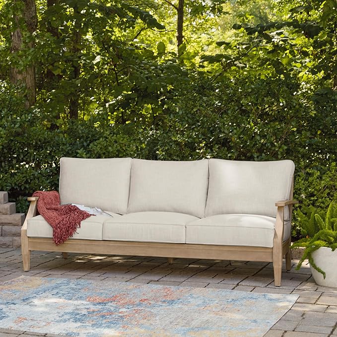 Signature Design by Ashley Carter Hall Outdoor Eucalyptus Wood Patio Sofa – Cushioned with UV-Resistant Nuvella Fabric, 5-Step Protective Finish, Beige