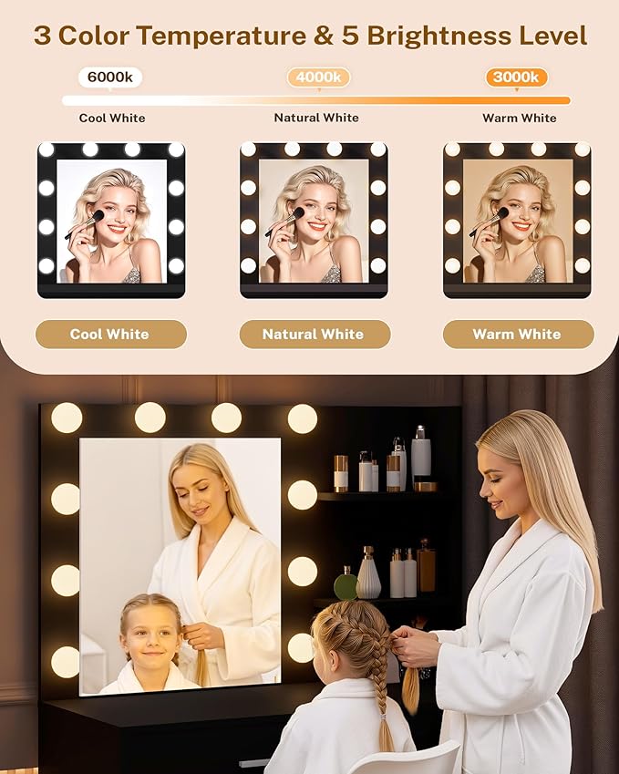 Lighted Makeup Vanity Desk, 35.4”W x 15.7“D x 54”H, Black (with Lights and Mirror, Dimming Function, 2 Drawers and 1 Cabiniet, Open Shelves)