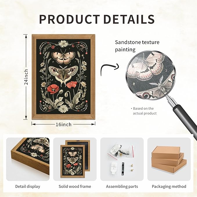 AKWISH Vintage Framed Wall Art - 3D Textured Classical Style Moth Pictures Wall Decor - Hand Drawn Flowers Nature Art Painting for Living Room Bedroom Home Decor 16x24in