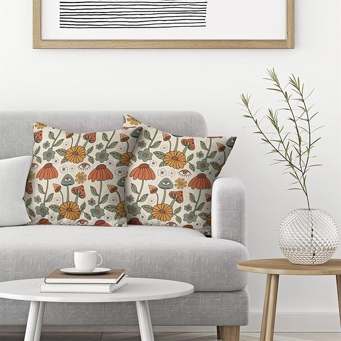 BETGINY Boho Throw Pillow Covers 22 x 22 Inch Set of 2, Yellow Orange Fun Cute Mushrooms Retro Decorative Outdoor Pillow Covers 70s Vintage Floral Linen Farmhouse for Couch Sofa Summer Home Decor