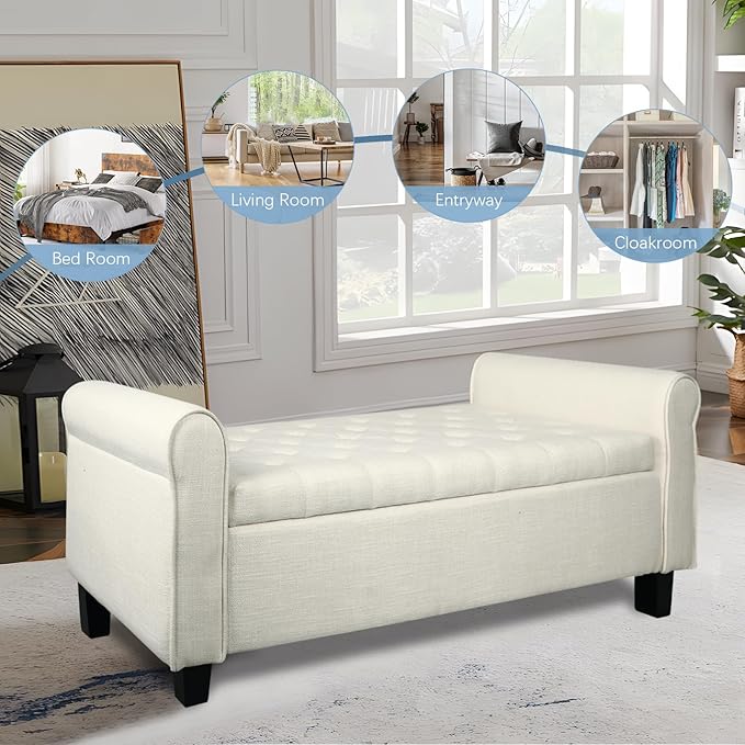 Storage Ottoman Bench with Arms, End of Bed Bench for Bedroom, Button Tufted Storage Bench for Entryway, Living Room,Hallway, Large Storage Bench Foot Rest (Beige)