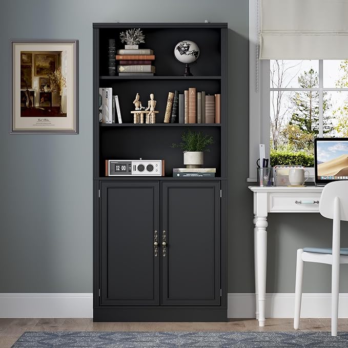 71.4" Tall Bookshelf with Cabinet, 5-Tier Floor Standing Bookcase with Doors & Adjustable Shelves, 31.5" Wide Storage Shelf, Metal Handles, Modern Organizer for Home Office, Living Room