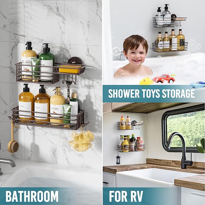 TAILI Shower Caddy Suction Cup 2 Pack with Hooks & Soap Holder, Heavy Duty Shower Organizer for Bathroom, No Drilling Bathroom Organizer with Large Capacity, Metal Storage Basket-Brown