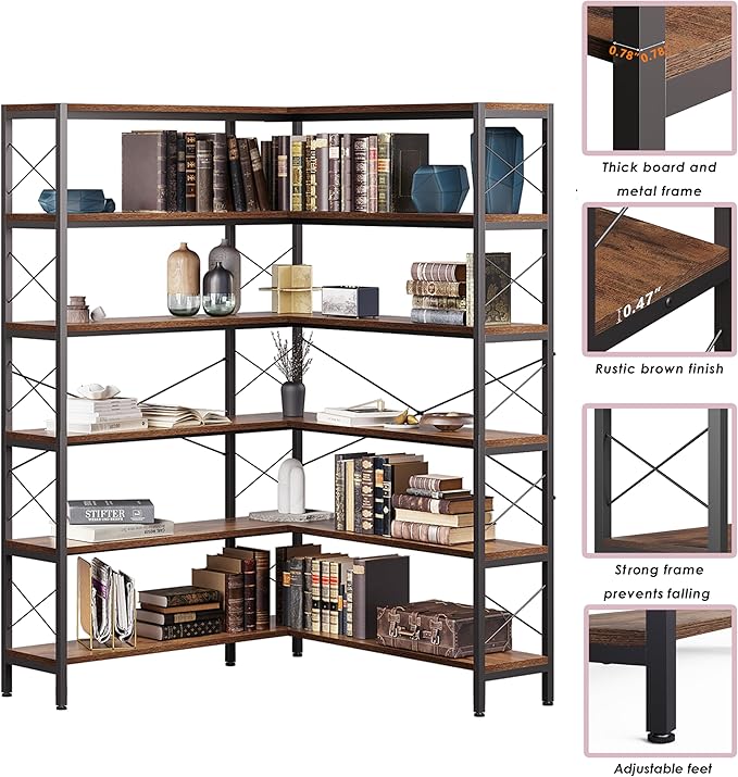 Corner Bookshelves and Bookcases Industrial Corner Etagere Bookcase L Shaped Shelf 6 Tiers with Metal Frame for Living Room Home Office