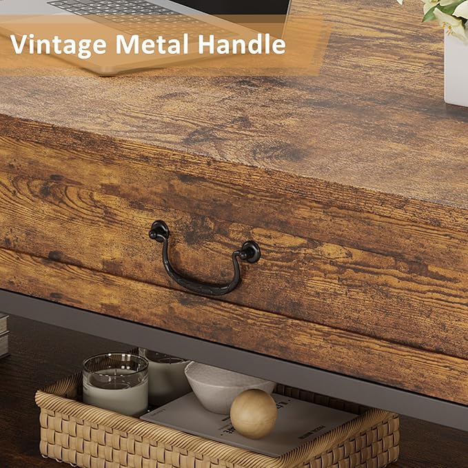 41" Rustic Coffee Table with 2 Storage Drawers, Rectangular Coffee Tables w/Storage Shelf and Metal Legs, Industrial Large Coffee Table for Living Room Office Apartment