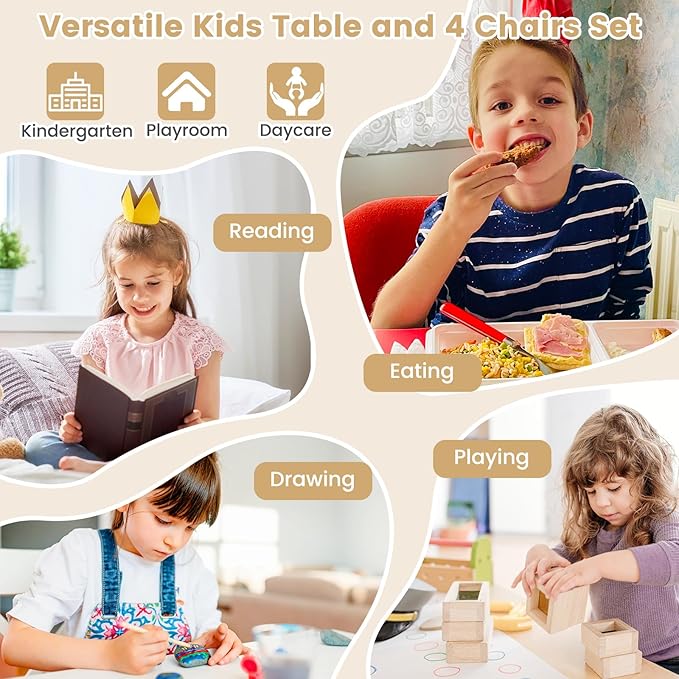 HONEY JOY Kids Table and Chair Set, Bentwood Toddler Round Table and 4 Chairs for Craft Art, Building Block, 5-Piece Children Furniture Set for Daycare, Kindergarten, Playroom (Natural)