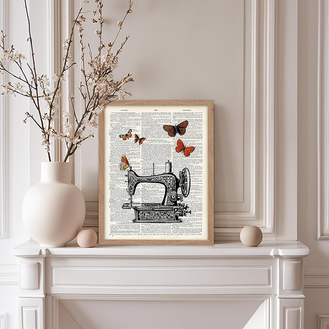 Poster Master Dictionary Art Poster - Sewing Machine Print - Sewing Art - Butterfly Art - Gift for Men, Women & Dressmaker - Chic Decor for Living Room, Bedroom or Office, 8x10 Beige Framed