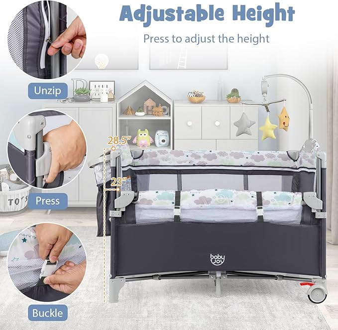 BABY JOY 5-in-1 Pack and Play, Portable Baby Bedside Sleeper with Bassinet, U-Shaped Diaper Changer, Safety Strap, Side Zipper Entrance, Hangings, Bedside Crib Playard from Newborn to Toddlers (Gray)