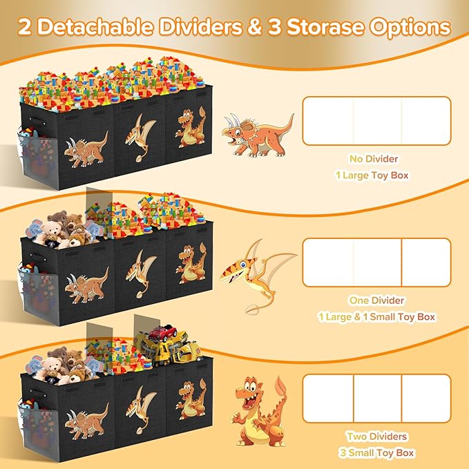Extra Large Toy Box Chest, Collapsible Sturdy Toy Storage Organizer Boxes Bins Baskets Dinosaur Kids Toy Chest Bin with Lids for Boys Girls Living Room Playroom Bedroom Nursery 41"x14"x16" Black