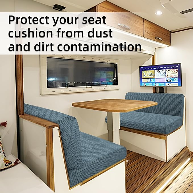 Rv Dinette Cushion Covers,Jacquard Stretchable Camper Cushion Cover,RV Cushion Slipcover,Rv Couch Cover Replacement for RV Camper Car Bench,2 Backrest Covers and 2 Bench Covers (Twill,Sea Blue)