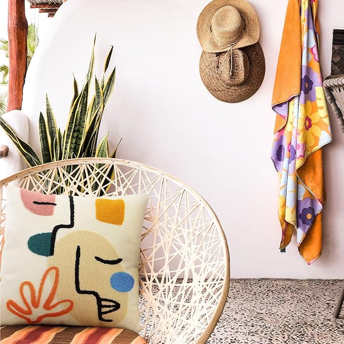 Merrycolor Boho Abstract Pillow Covers Colorful Woman Face Line Cute Pillow Cases Mid Century Aesthetic Modern Boho Pillows Decorative Throw Pillows for Bed Couch Living Room,1PC