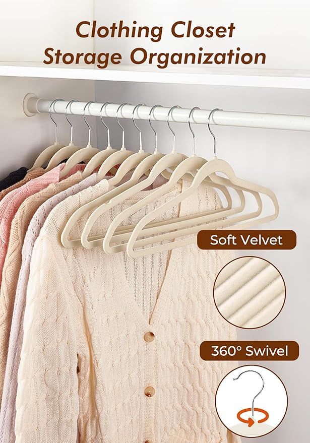 HOUSE DAY Ivory Velvet Hangers 50 Pack - Non Slip Felt Hangers Closet Essentials, Premium Space Saving Hanger, Gentle on Clothes, Sturdy Shoulder Design