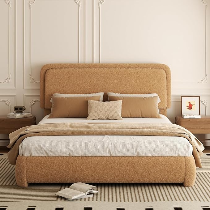 Queen Bed Frame, Teddy Velvet Boucle Bed Frame with 43.3"/45.3" Adjustable Upholstered Headboard, Rounded Corners, Mattress Foundation, No Box Spring Required, Brown