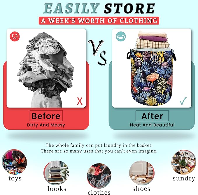 Colorful Coral Laundry Basket Foldable With Handles Tote Bag Oxford Cloth Marine Life Funny Laundry Hamper 18.9" x 16.5" Clothes Storage Bucket Toy Organizer For Bathroom/Laundry/Bedroom
